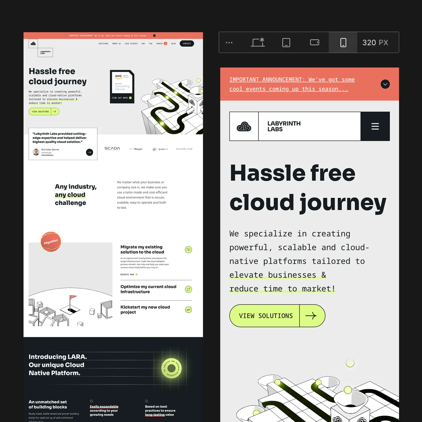 Mockup nastavení responzivního designu stránky pro web vytvořený na platformě Webflow