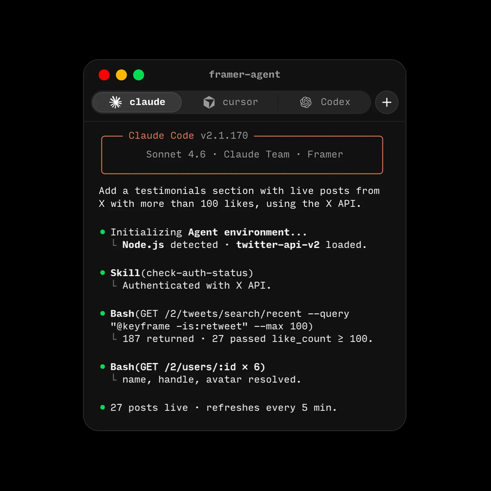 Mockup AI agenta upravujícího web vytvořený na platformě Framer