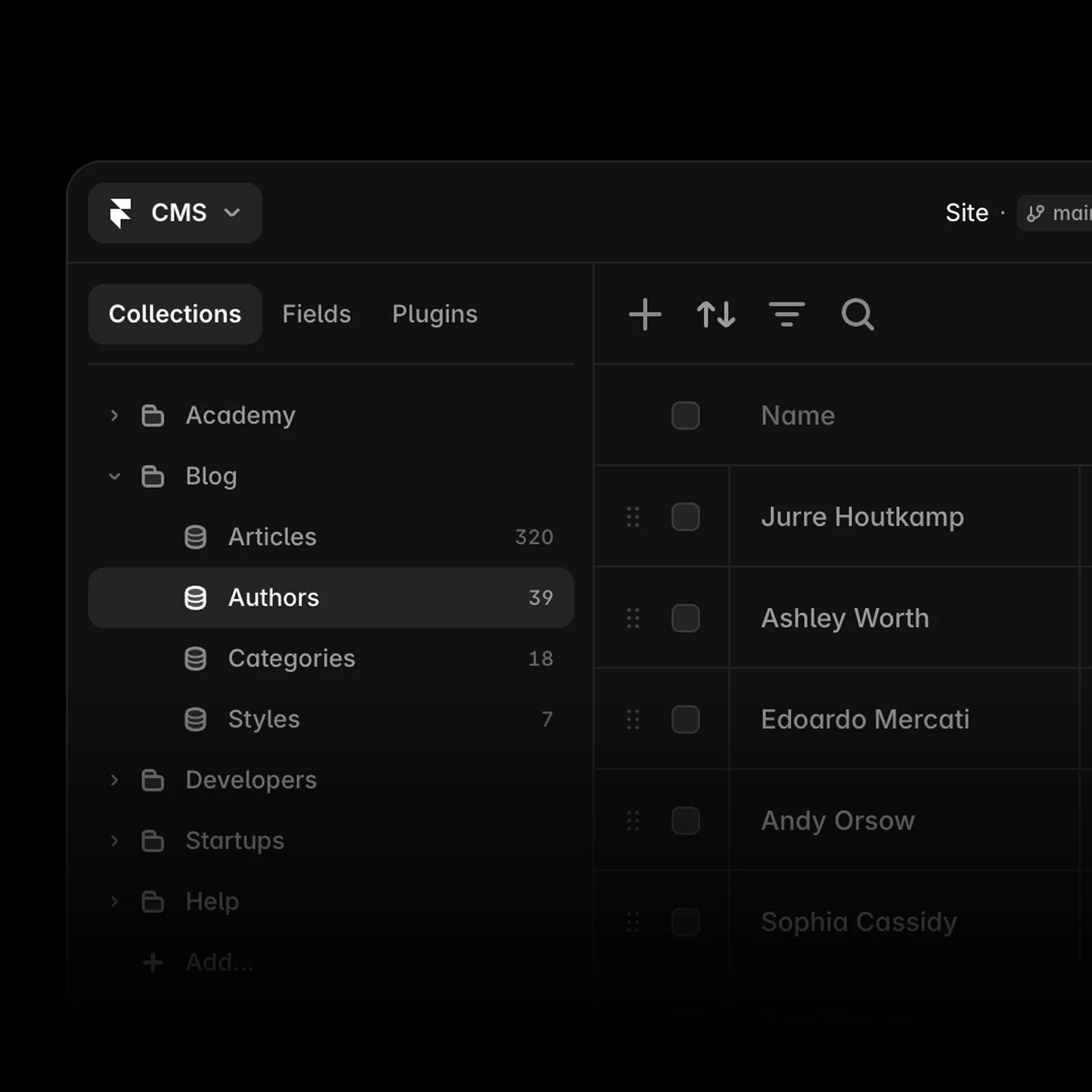 Mockup redakčního systému pro web vytvořený na platformě Framer