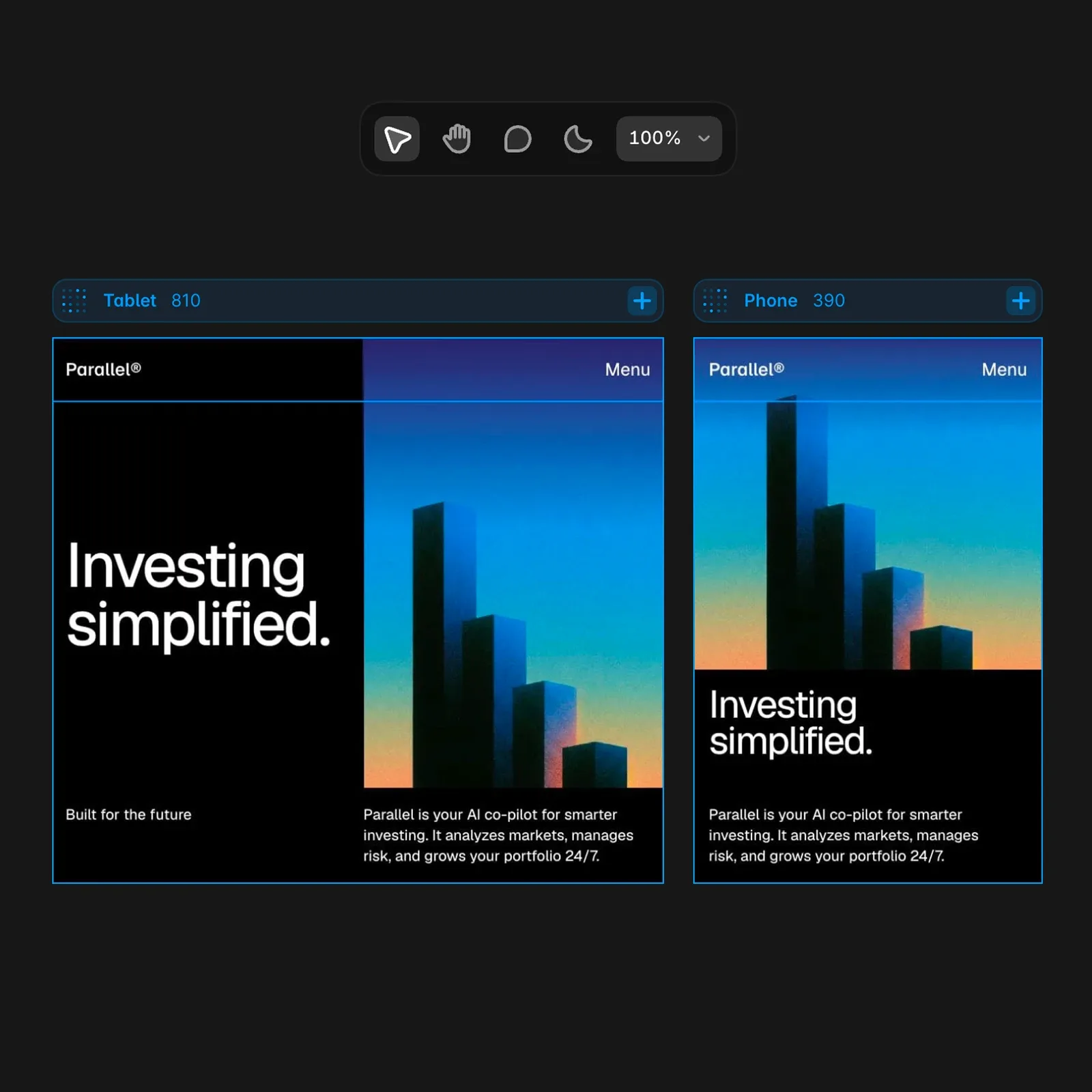 Mockup nastavení responzivního designu pro web vytvořený na platformě Framer