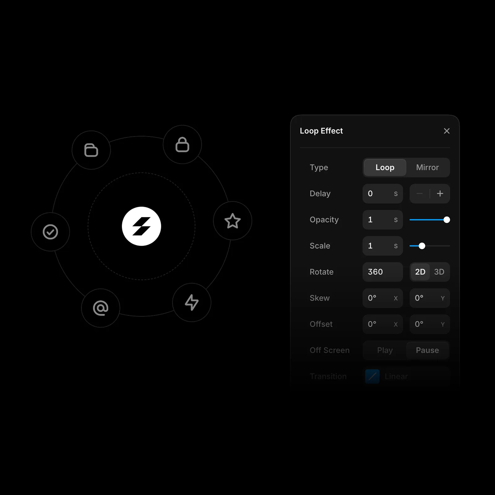 Mockup panelu pro nastavení animací na platformě Framer