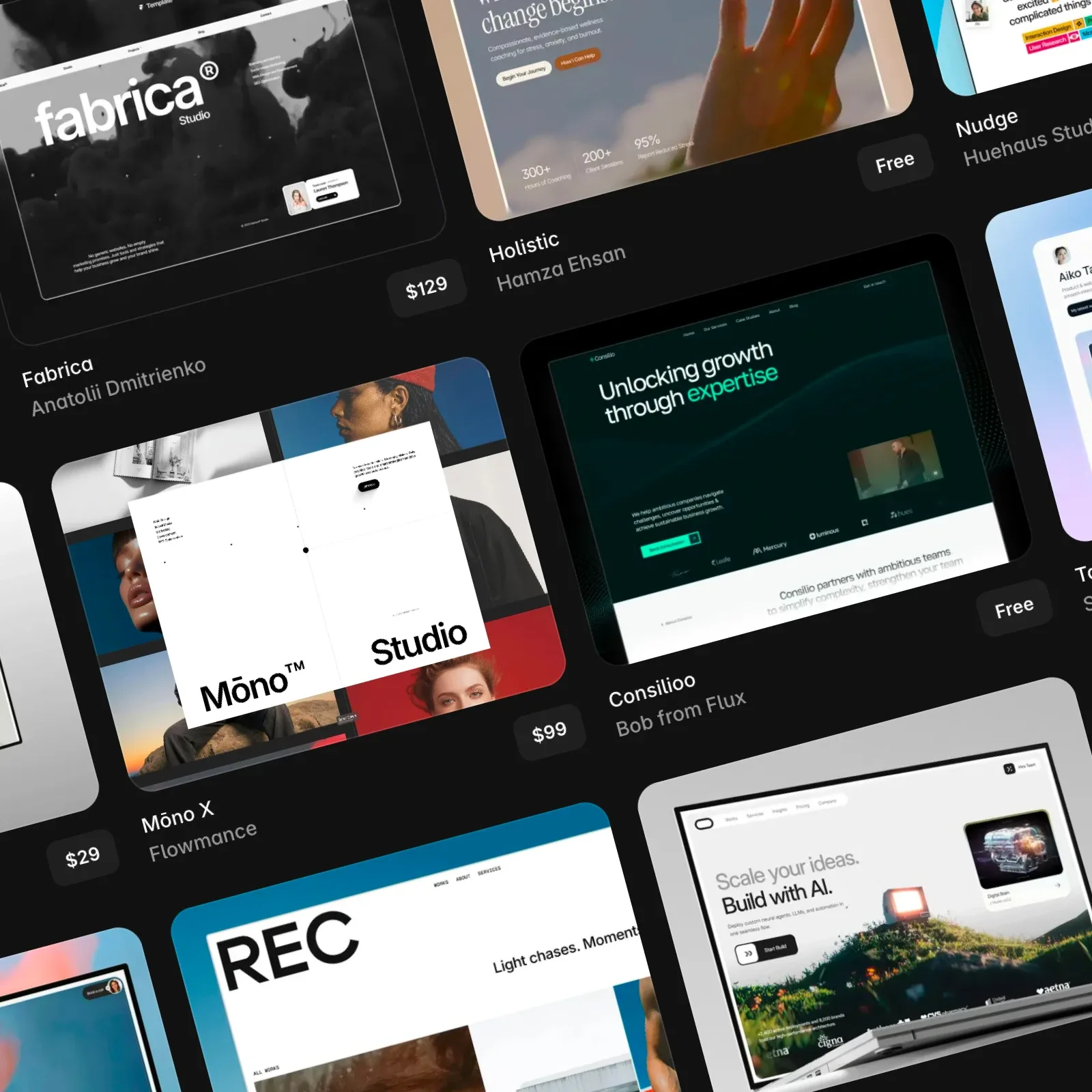 Mockup nabídky šablon a pluginů na platformě Framer