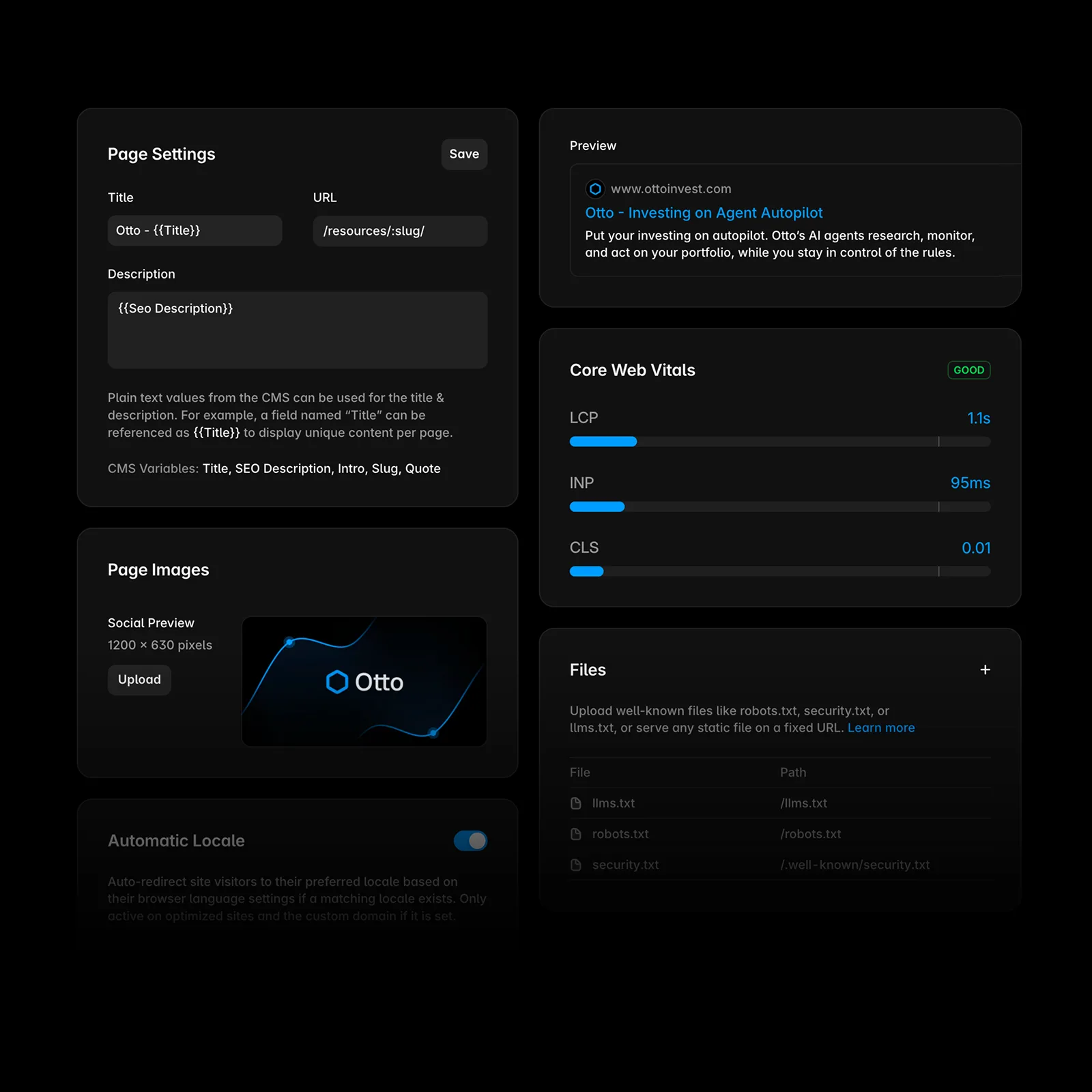 Mockup nastavení SEO stránky pro web vytvořený na platformě Framer