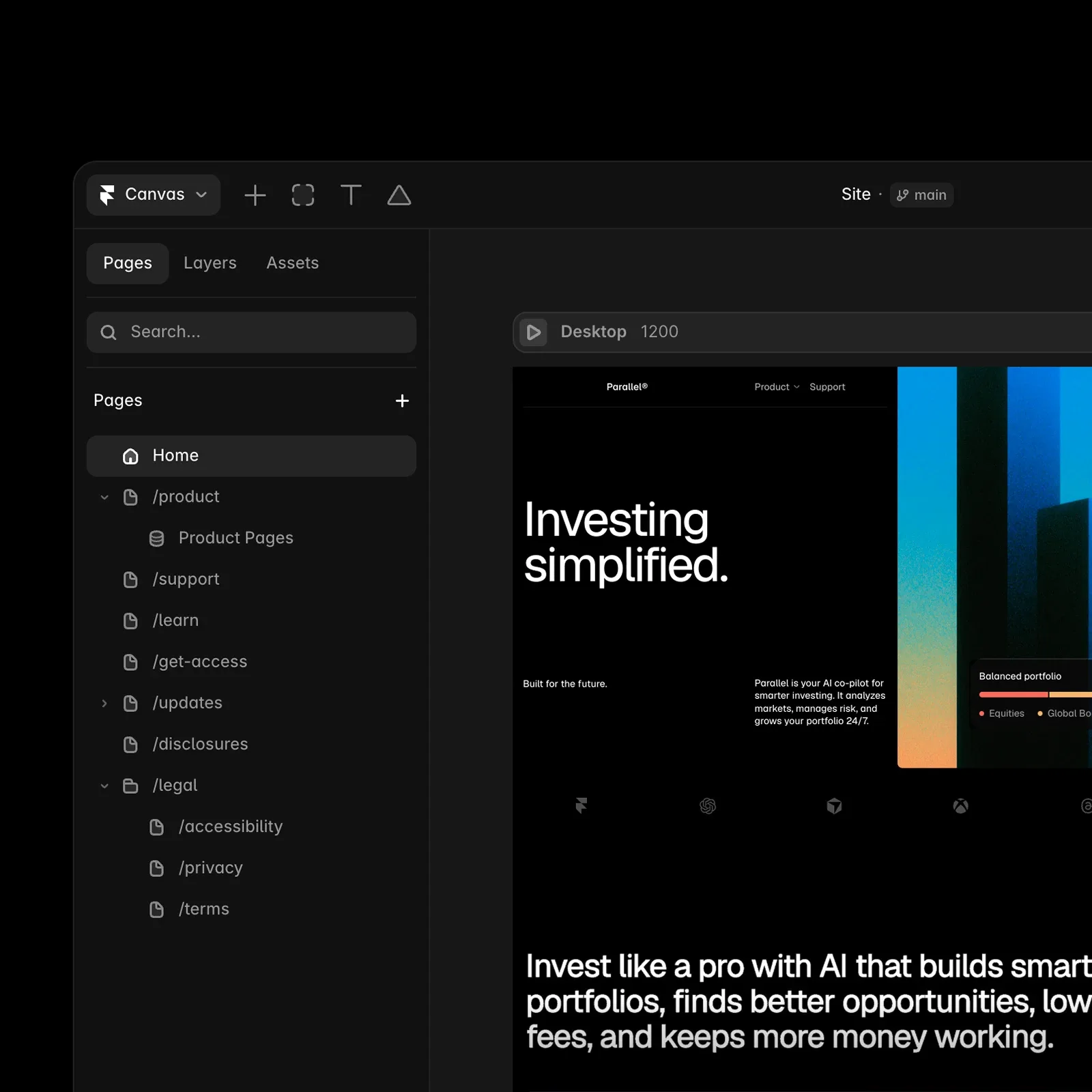 Mockup vizuálního plátna pro tvorbu webu na platformě Framer