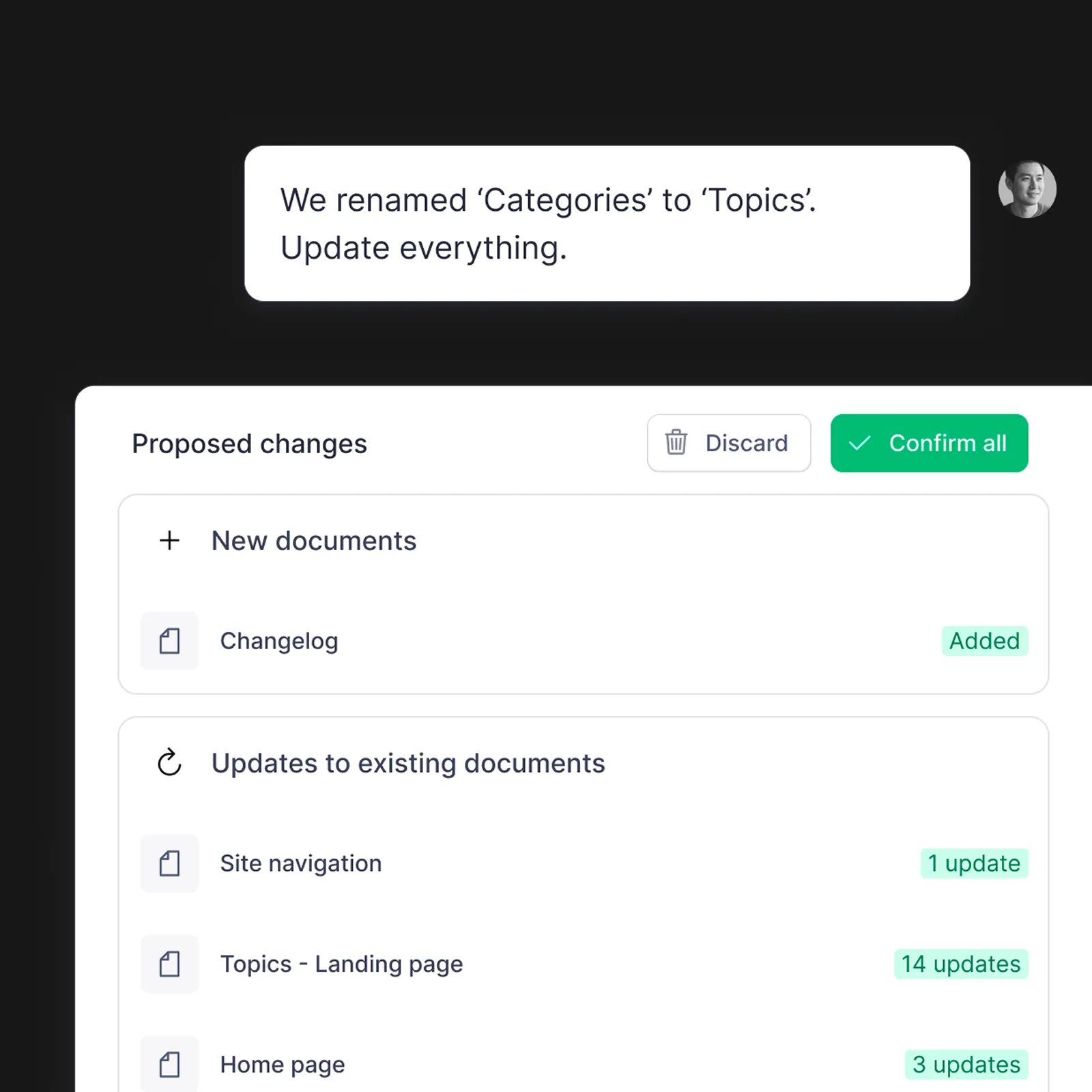 Mockup Content Agenta, který v Sanity provádí hromadnou úpravu obsahu