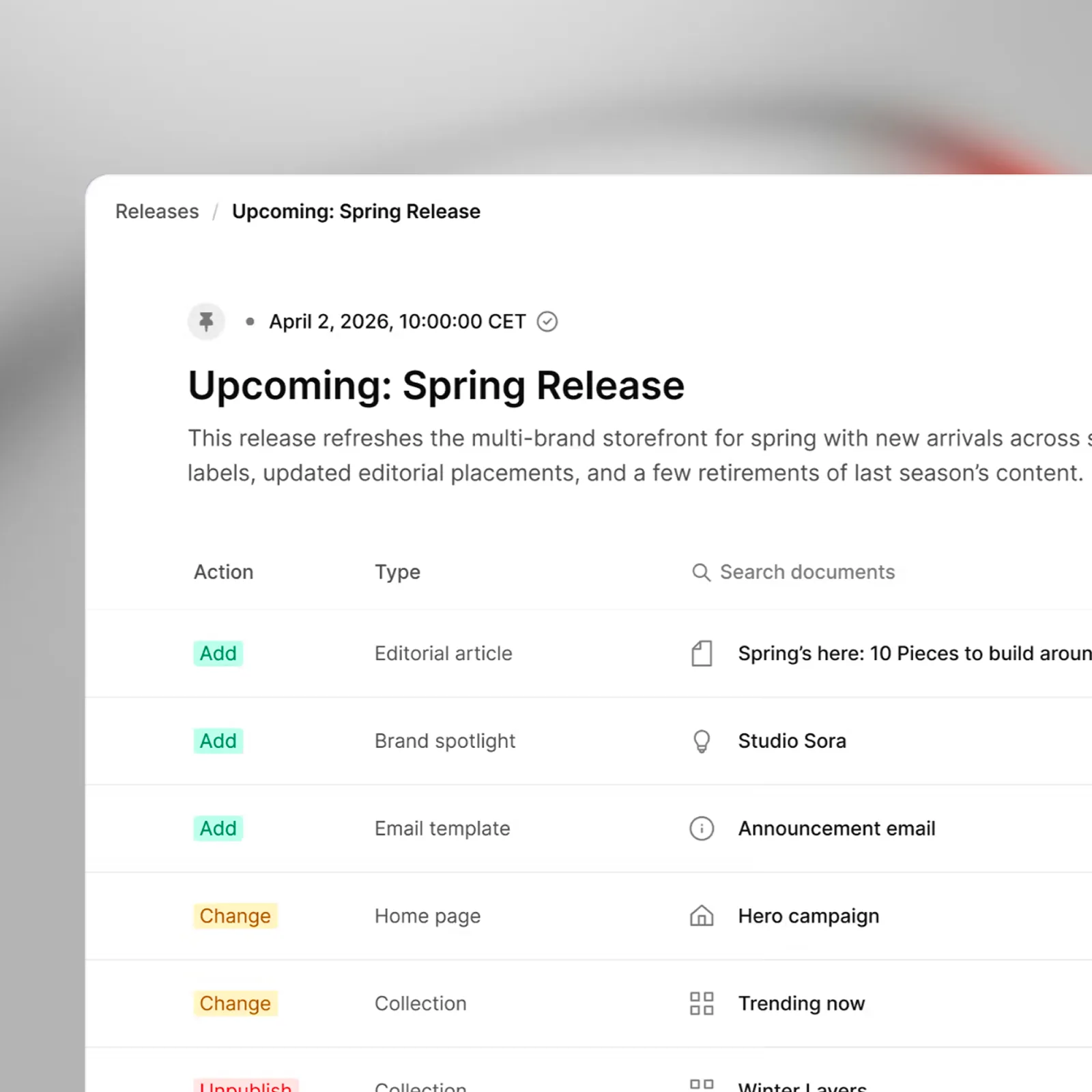 Mockup naplánovaného vydání obsahu v Sanity Content Releases