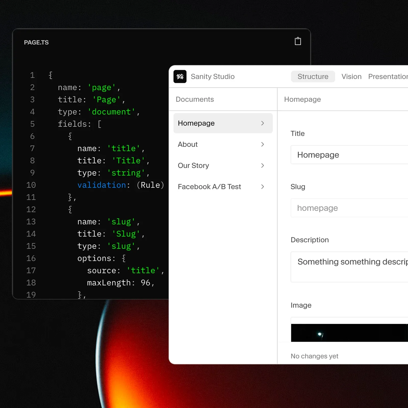 Mockup schématu a editoru Sanity Studia pro správu obsahu webu