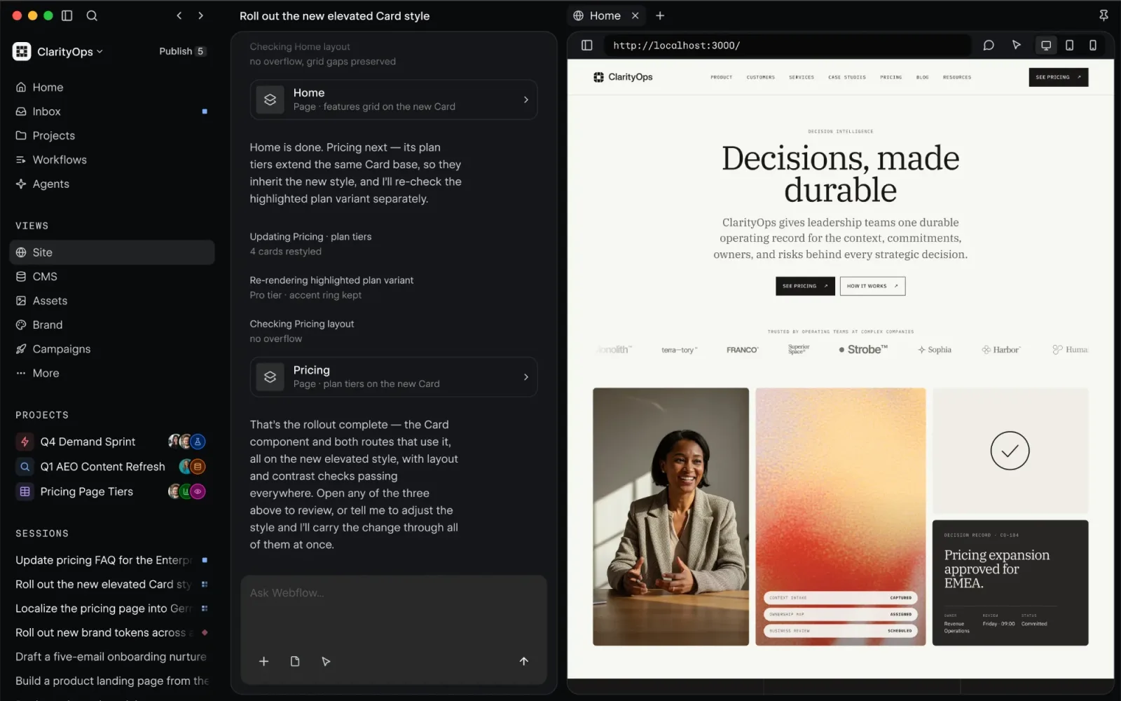 Rozhraní Webflow Source s postranním panelem Views, průběhem práce agenta a náhledem webu
